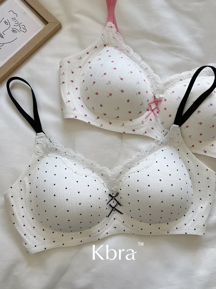 Lace Contrast Floral Print Lingerie for Women, Small Chest Gathering, Seamless and Underwire Bra