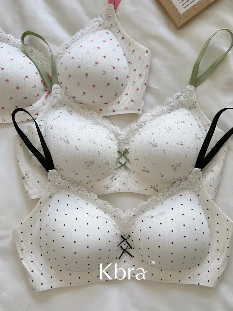 Lace Contrast Floral Print Lingerie for Women, Small Chest Gathering, Seamless and Underwire Bra