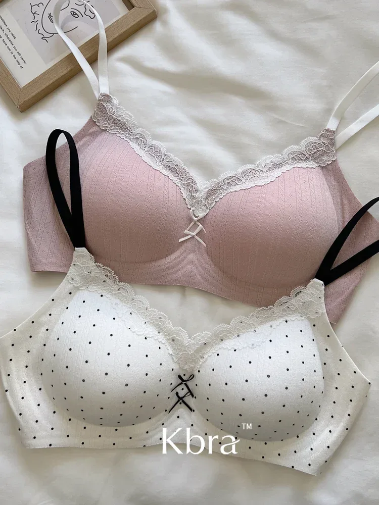 Lace Contrast Floral Print Lingerie for Women, Small Chest Gathering, Seamless and Underwire Bra