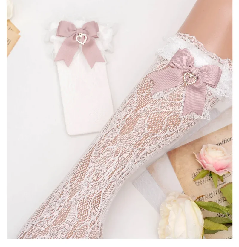 JK Lolita Lace Stockings Bow Knot Sweet Socks Female Long Stocking Teen Uniform Calf Socks Student Cute JK Socks