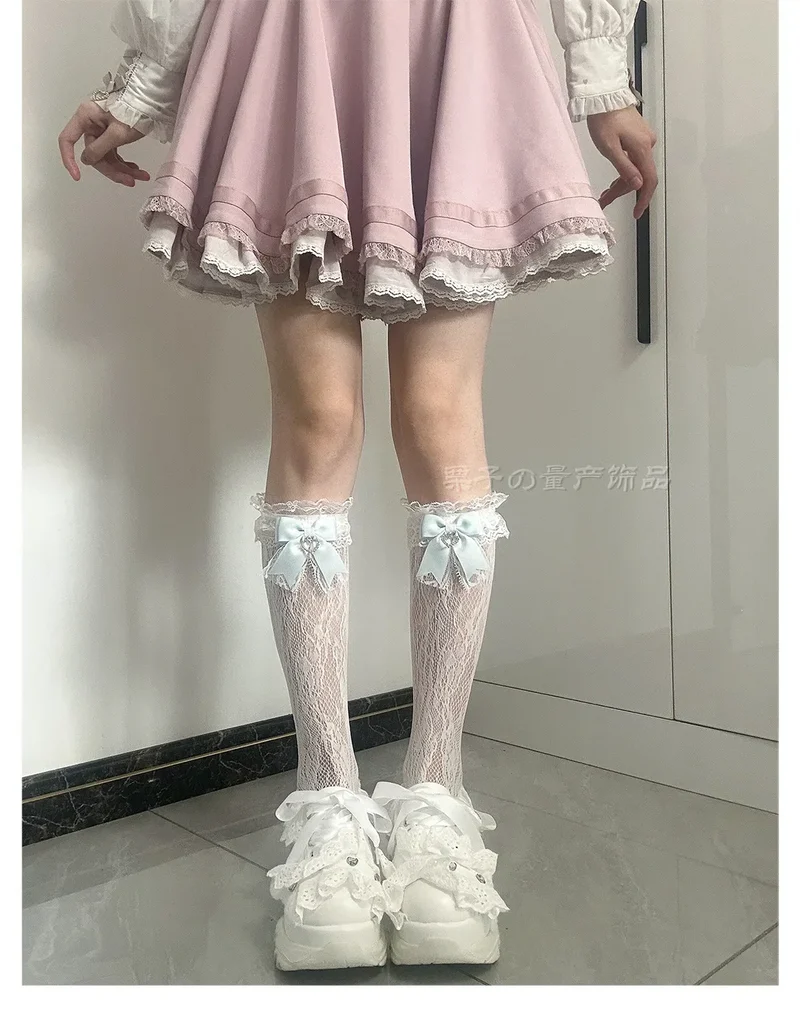 JK Lolita Lace Stockings Bow Knot Sweet Socks Female Long Stocking Teen Uniform Calf Socks Student Cute JK Socks