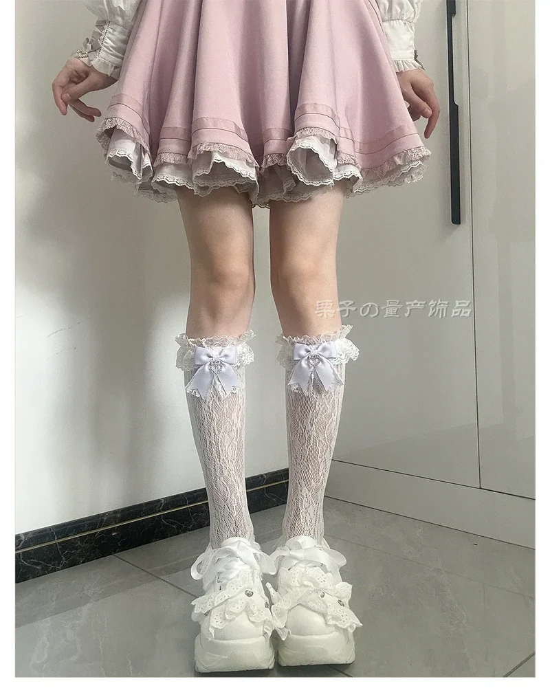 JK Lolita Lace Stockings Bow Knot Sweet Socks Female Long Stocking Teen Uniform Calf Socks Student Cute JK Socks
