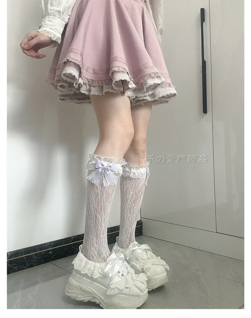 JK Lolita Lace Stockings Bow Knot Sweet Socks Female Long Stocking Teen Uniform Calf Socks Student Cute JK Socks