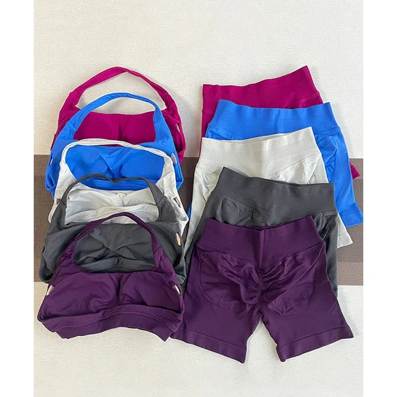 2 Pieces Yoga Gym Set Women Seamless Strappy Yoga Bra High Waist Workout Scrunch Shorts Sports Set Fitness Clothes Sportswear