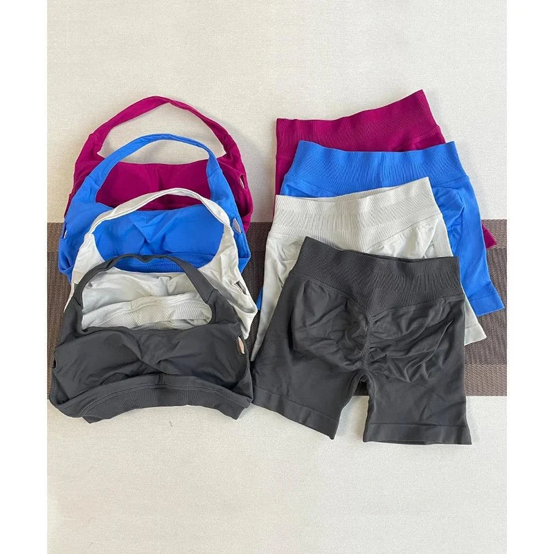 2 Pieces Yoga Gym Set Women Seamless Strappy Yoga Bra High Waist Workout Scrunch Shorts Sports Set Fitness Clothes Sportswear