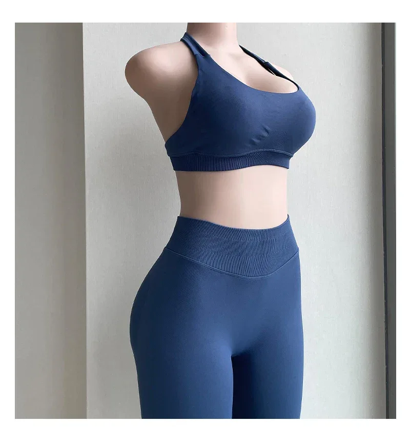 2 Pieces Yoga Gym Set Women Seamless Strappy Yoga Bra High Waist Workout Scrunch Shorts Sports Set Fitness Clothes Sportswear