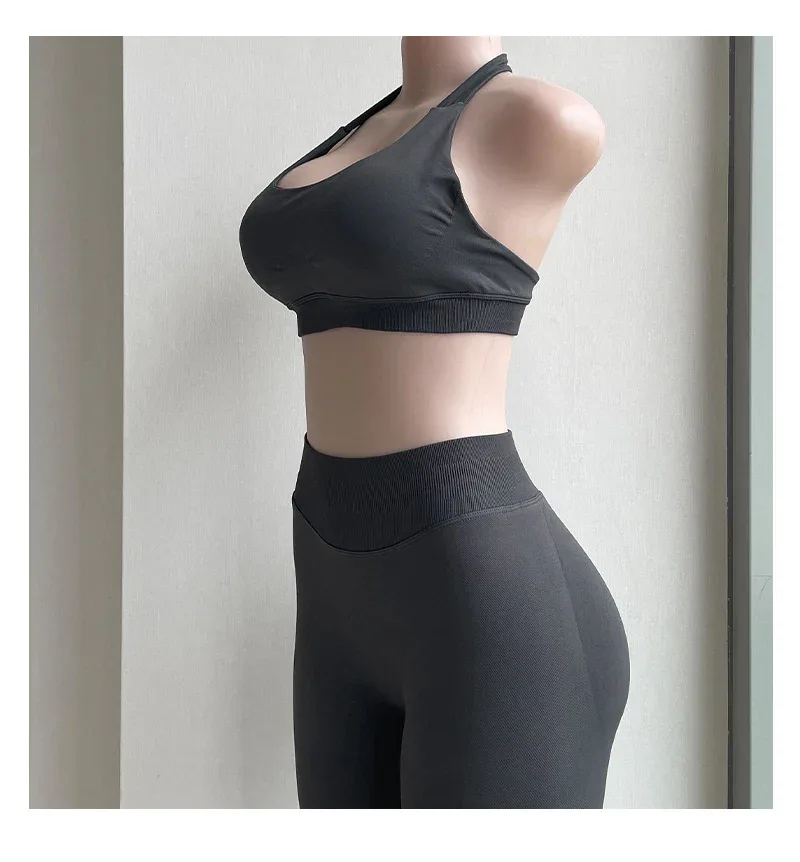 2 Pieces Yoga Gym Set Women Seamless Strappy Yoga Bra High Waist Workout Scrunch Shorts Sports Set Fitness Clothes Sportswear