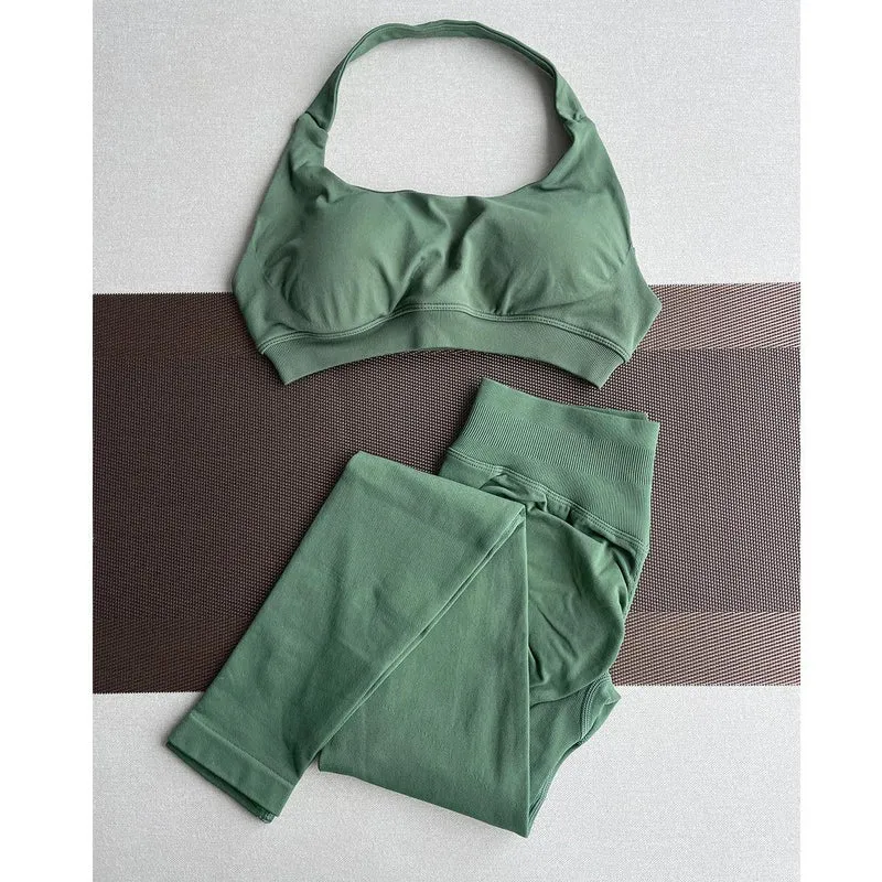2 Pieces Yoga Gym Set Women Seamless Strappy Yoga Bra High Waist Workout Scrunch Shorts Sports Set Fitness Clothes Sportswear