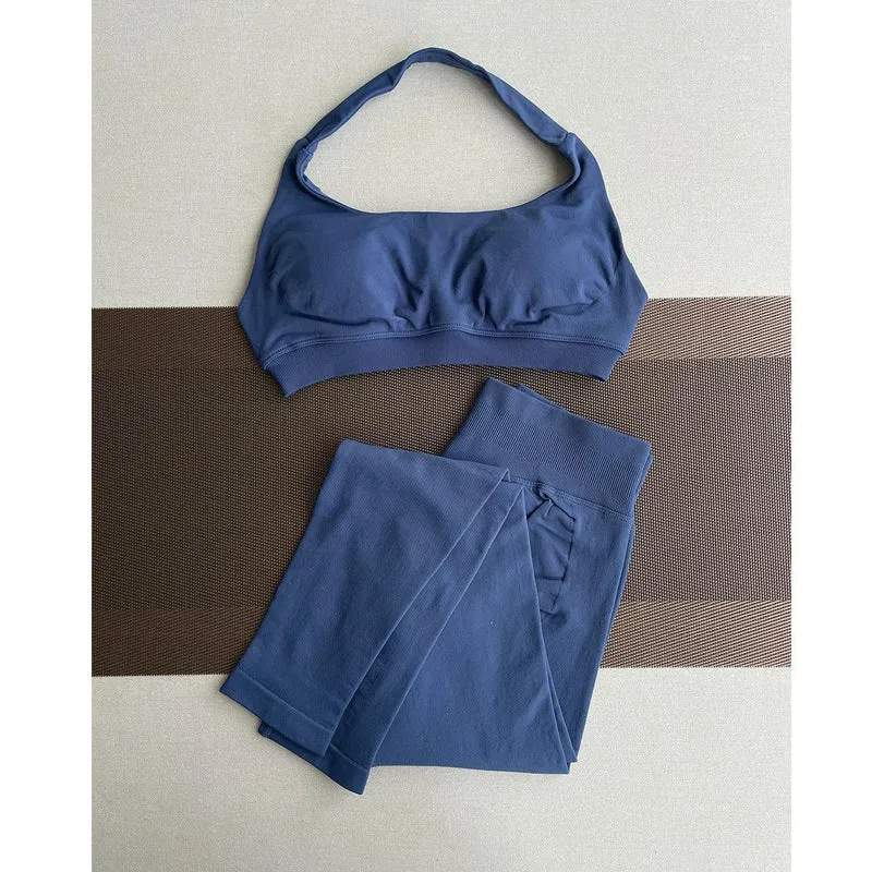 2 Pieces Yoga Gym Set Women Seamless Strappy Yoga Bra High Waist Workout Scrunch Shorts Sports Set Fitness Clothes Sportswear