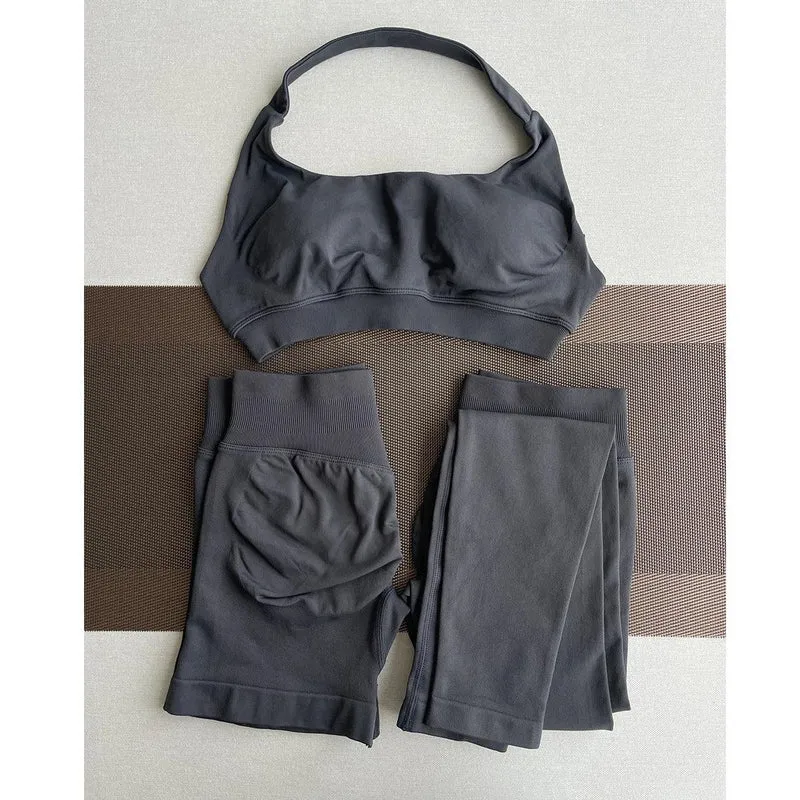 2 Pieces Yoga Gym Set Women Seamless Strappy Yoga Bra High Waist Workout Scrunch Shorts Sports Set Fitness Clothes Sportswear