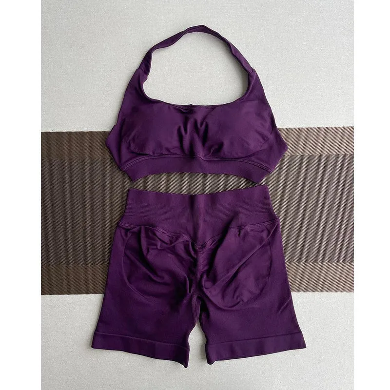 2 Pieces Yoga Gym Set Women Seamless Strappy Yoga Bra High Waist Workout Scrunch Shorts Sports Set Fitness Clothes Sportswear