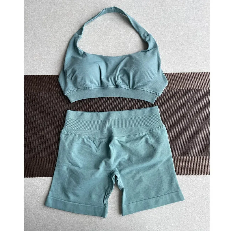 2 Pieces Yoga Gym Set Women Seamless Strappy Yoga Bra High Waist Workout Scrunch Shorts Sports Set Fitness Clothes Sportswear