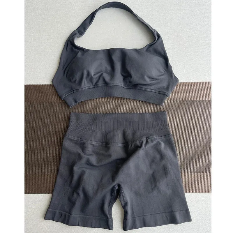 2 Pieces Yoga Gym Set Women Seamless Strappy Yoga Bra High Waist Workout Scrunch Shorts Sports Set Fitness Clothes Sportswear