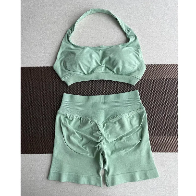 2 Pieces Yoga Gym Set Women Seamless Strappy Yoga Bra High Waist Workout Scrunch Shorts Sports Set Fitness Clothes Sportswear