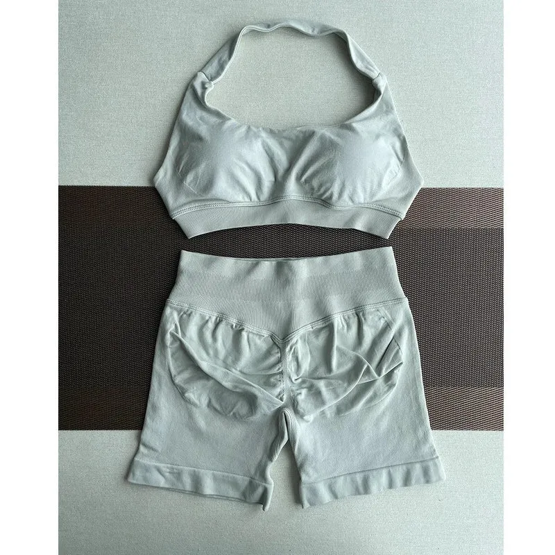 2 Pieces Yoga Gym Set Women Seamless Strappy Yoga Bra High Waist Workout Scrunch Shorts Sports Set Fitness Clothes Sportswear