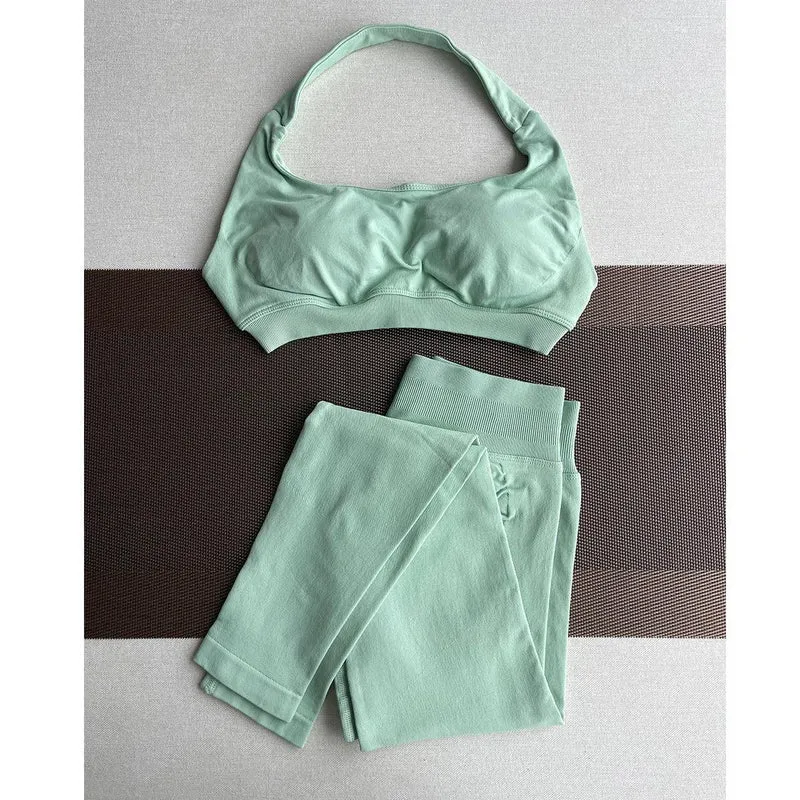 2 Pieces Yoga Gym Set Women Seamless Strappy Yoga Bra High Waist Workout Scrunch Shorts Sports Set Fitness Clothes Sportswear