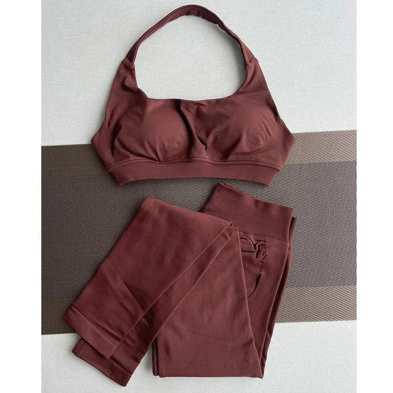 2 Pieces Yoga Gym Set Women Seamless Strappy Yoga Bra High Waist Workout Scrunch Shorts Sports Set Fitness Clothes Sportswear