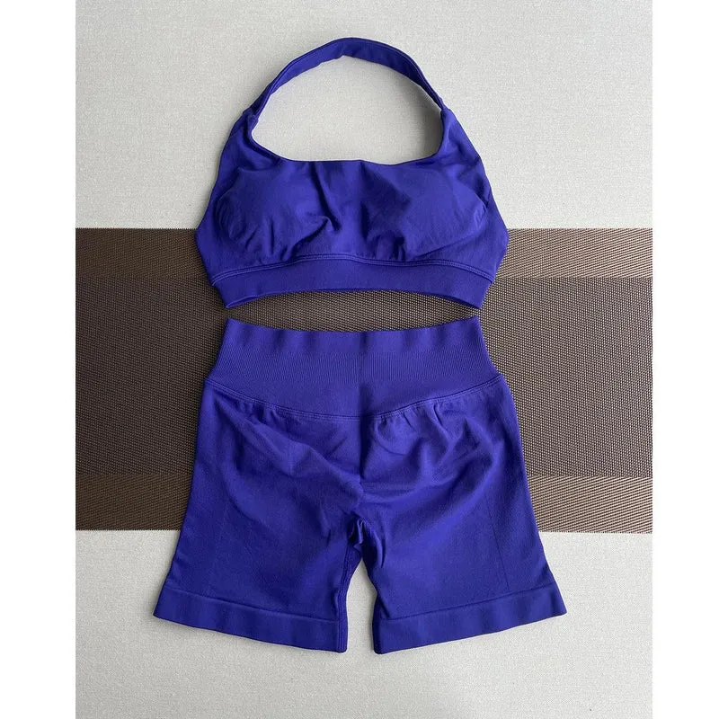 2 Pieces Yoga Gym Set Women Seamless Strappy Yoga Bra High Waist Workout Scrunch Shorts Sports Set Fitness Clothes Sportswear