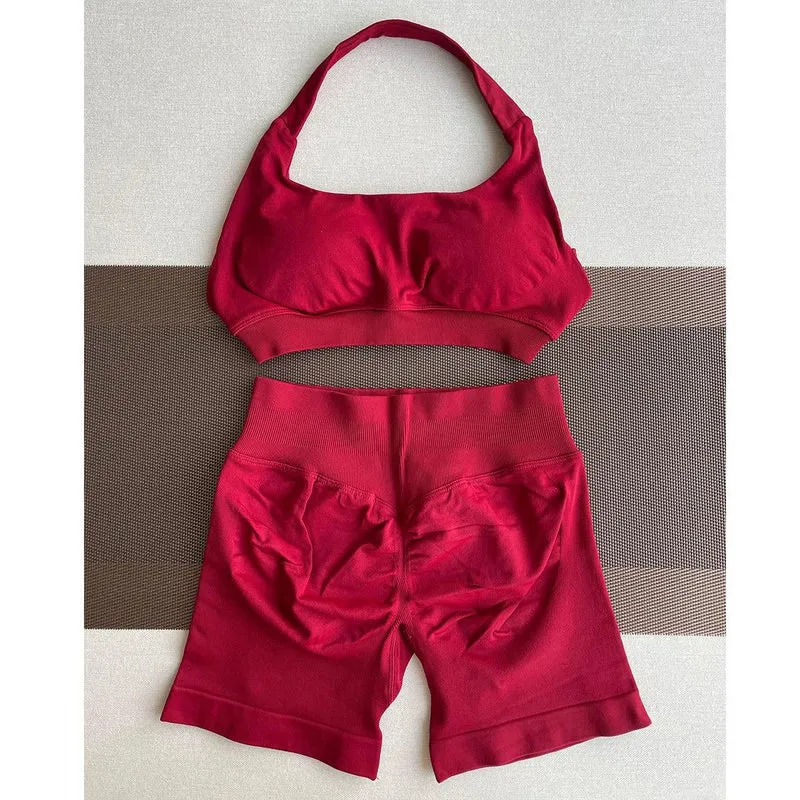 2 Pieces Yoga Gym Set Women Seamless Strappy Yoga Bra High Waist Workout Scrunch Shorts Sports Set Fitness Clothes Sportswear