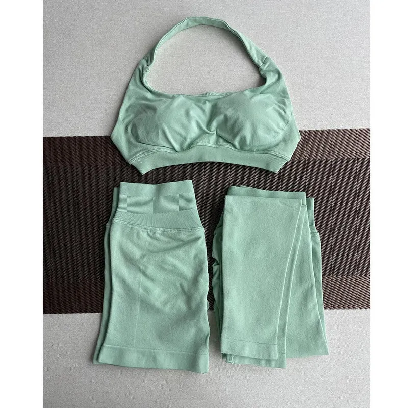 2 Pieces Yoga Gym Set Women Seamless Strappy Yoga Bra High Waist Workout Scrunch Shorts Sports Set Fitness Clothes Sportswear