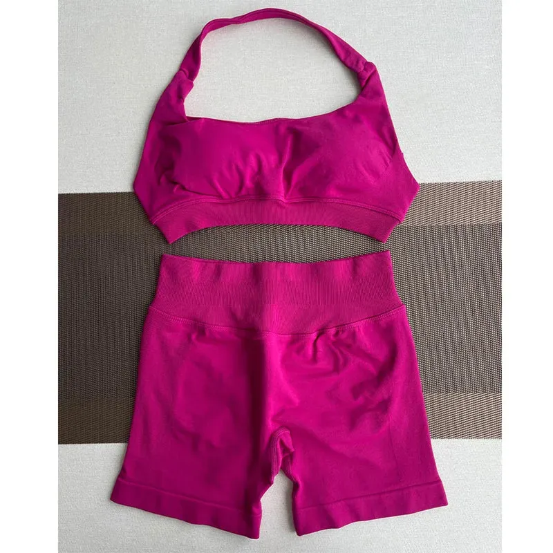 2 Pieces Yoga Gym Set Women Seamless Strappy Yoga Bra High Waist Workout Scrunch Shorts Sports Set Fitness Clothes Sportswear