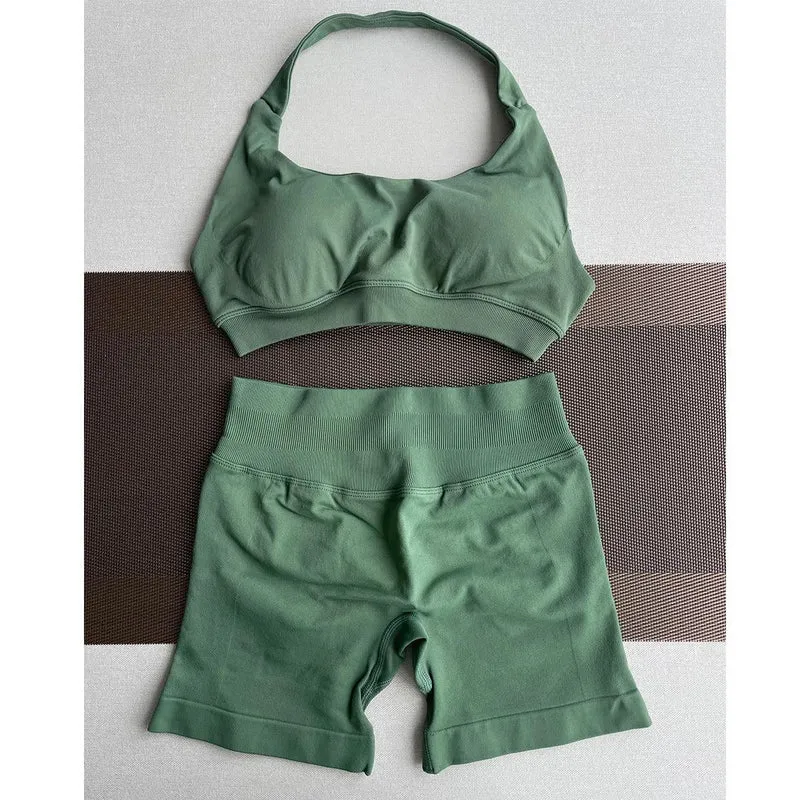 2 Pieces Yoga Gym Set Women Seamless Strappy Yoga Bra High Waist Workout Scrunch Shorts Sports Set Fitness Clothes Sportswear