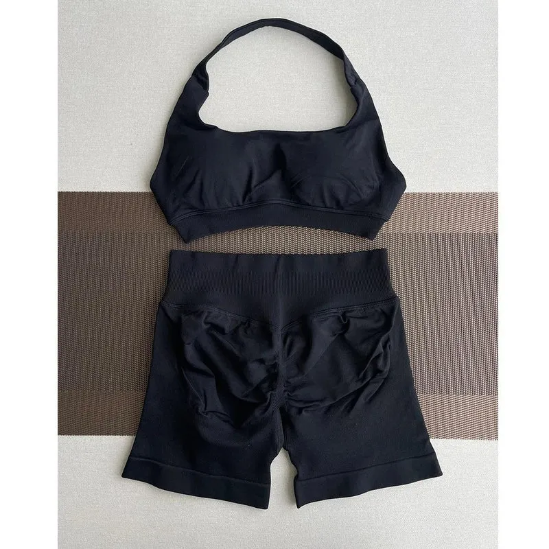 2 Pieces Yoga Gym Set Women Seamless Strappy Yoga Bra High Waist Workout Scrunch Shorts Sports Set Fitness Clothes Sportswear