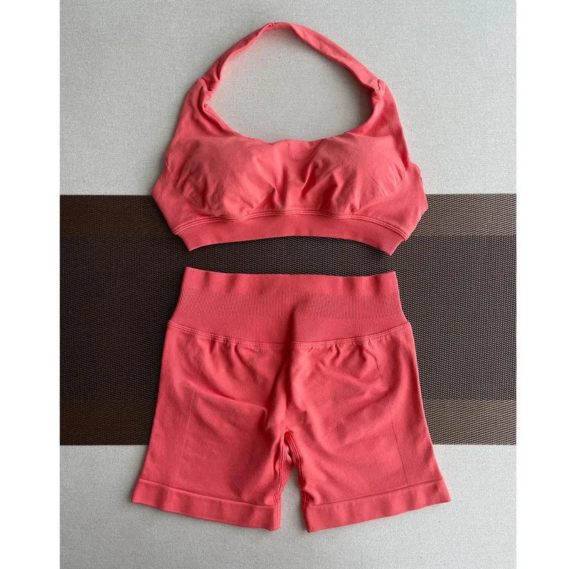 2 Pieces Yoga Gym Set Women Seamless Strappy Yoga Bra High Waist Workout Scrunch Shorts Sports Set Fitness Clothes Sportswear