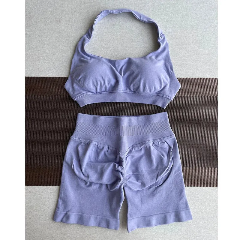 2 Pieces Yoga Gym Set Women Seamless Strappy Yoga Bra High Waist Workout Scrunch Shorts Sports Set Fitness Clothes Sportswear