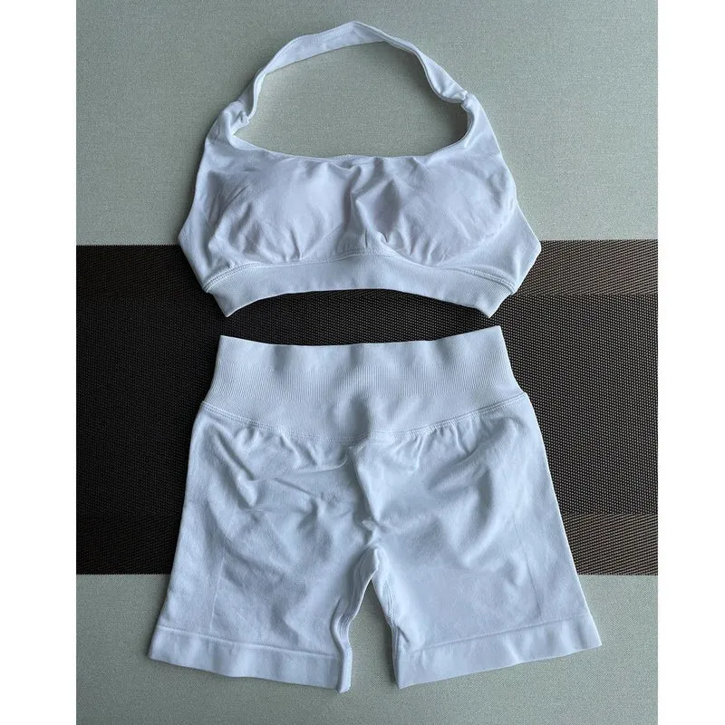 2 Pieces Yoga Gym Set Women Seamless Strappy Yoga Bra High Waist Workout Scrunch Shorts Sports Set Fitness Clothes Sportswear