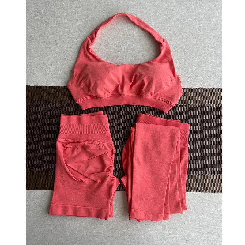 2 Pieces Yoga Gym Set Women Seamless Strappy Yoga Bra High Waist Workout Scrunch Shorts Sports Set Fitness Clothes Sportswear