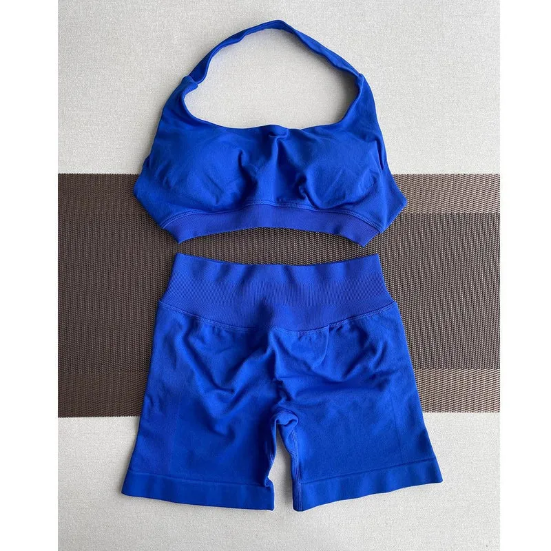2 Pieces Yoga Gym Set Women Seamless Strappy Yoga Bra High Waist Workout Scrunch Shorts Sports Set Fitness Clothes Sportswear