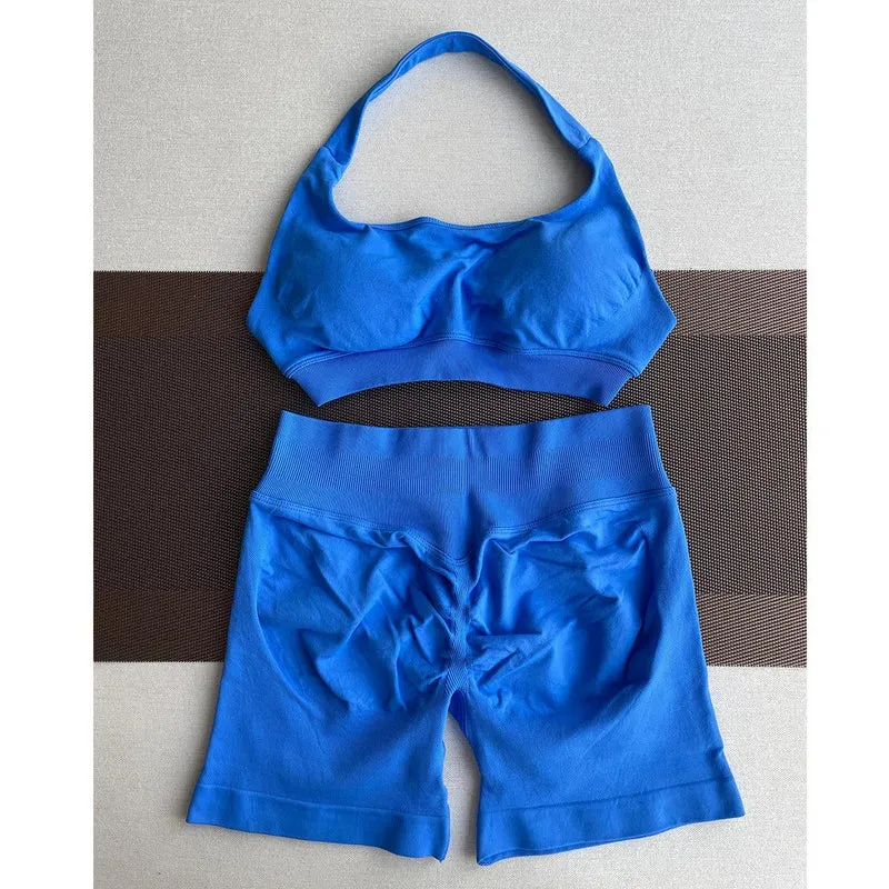 2 Pieces Yoga Gym Set Women Seamless Strappy Yoga Bra High Waist Workout Scrunch Shorts Sports Set Fitness Clothes Sportswear