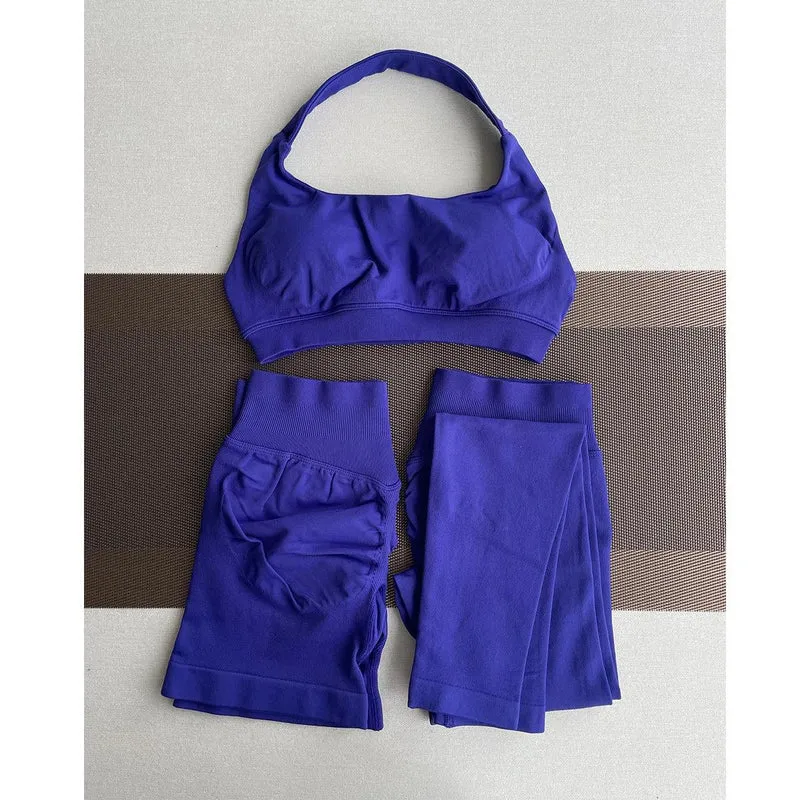 2 Pieces Yoga Gym Set Women Seamless Strappy Yoga Bra High Waist Workout Scrunch Shorts Sports Set Fitness Clothes Sportswear