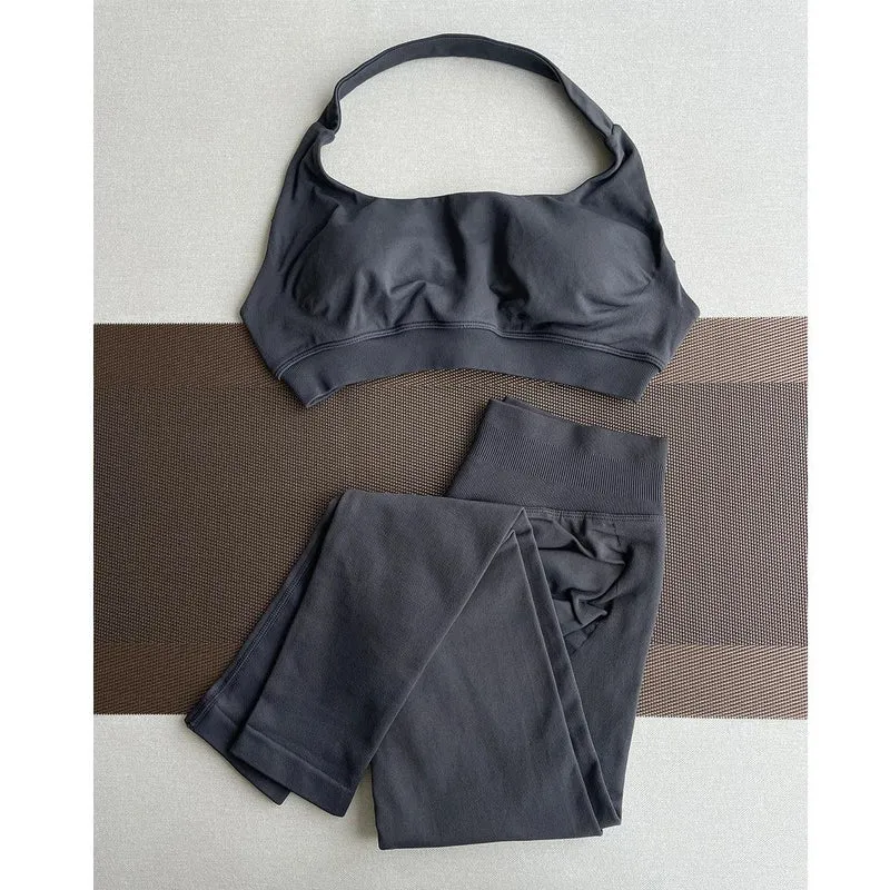 2 Pieces Yoga Gym Set Women Seamless Strappy Yoga Bra High Waist Workout Scrunch Shorts Sports Set Fitness Clothes Sportswear
