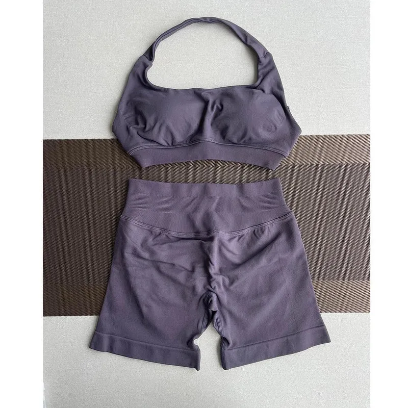 2 Pieces Yoga Gym Set Women Seamless Strappy Yoga Bra High Waist Workout Scrunch Shorts Sports Set Fitness Clothes Sportswear