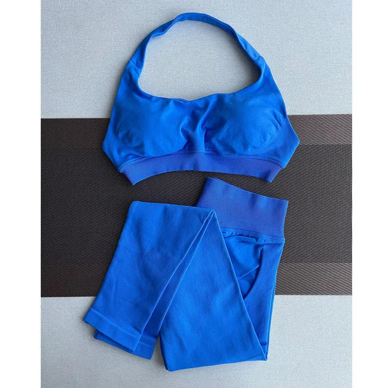 2 Pieces Yoga Gym Set Women Seamless Strappy Yoga Bra High Waist Workout Scrunch Shorts Sports Set Fitness Clothes Sportswear
