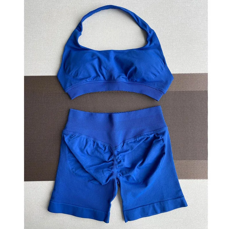 2 Pieces Yoga Gym Set Women Seamless Strappy Yoga Bra High Waist Workout Scrunch Shorts Sports Set Fitness Clothes Sportswear