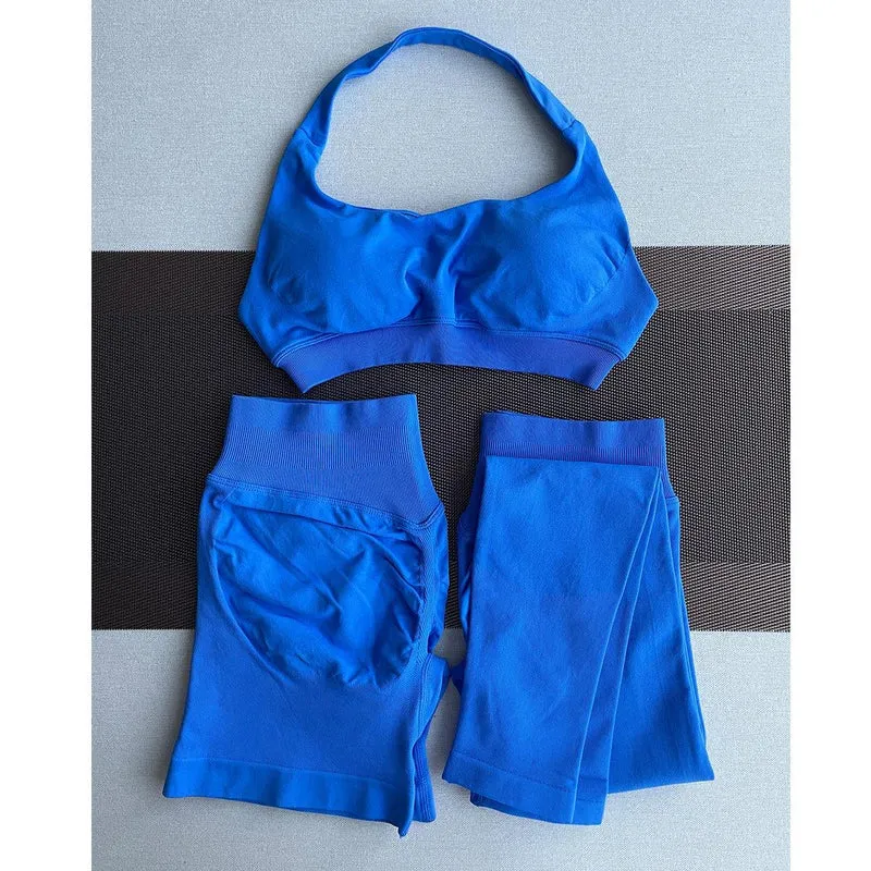 2 Pieces Yoga Gym Set Women Seamless Strappy Yoga Bra High Waist Workout Scrunch Shorts Sports Set Fitness Clothes Sportswear