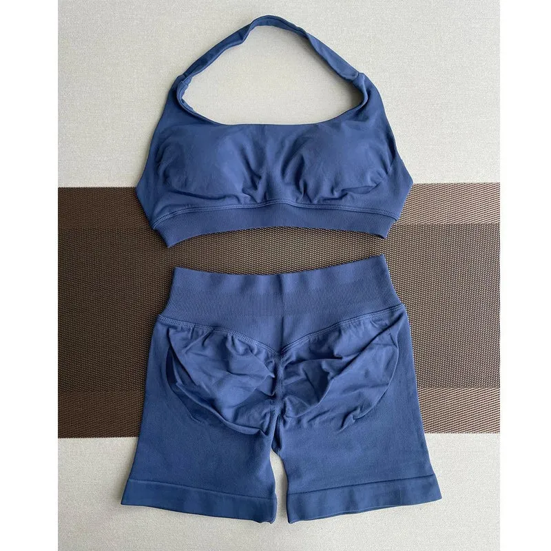 2 Pieces Yoga Gym Set Women Seamless Strappy Yoga Bra High Waist Workout Scrunch Shorts Sports Set Fitness Clothes Sportswear
