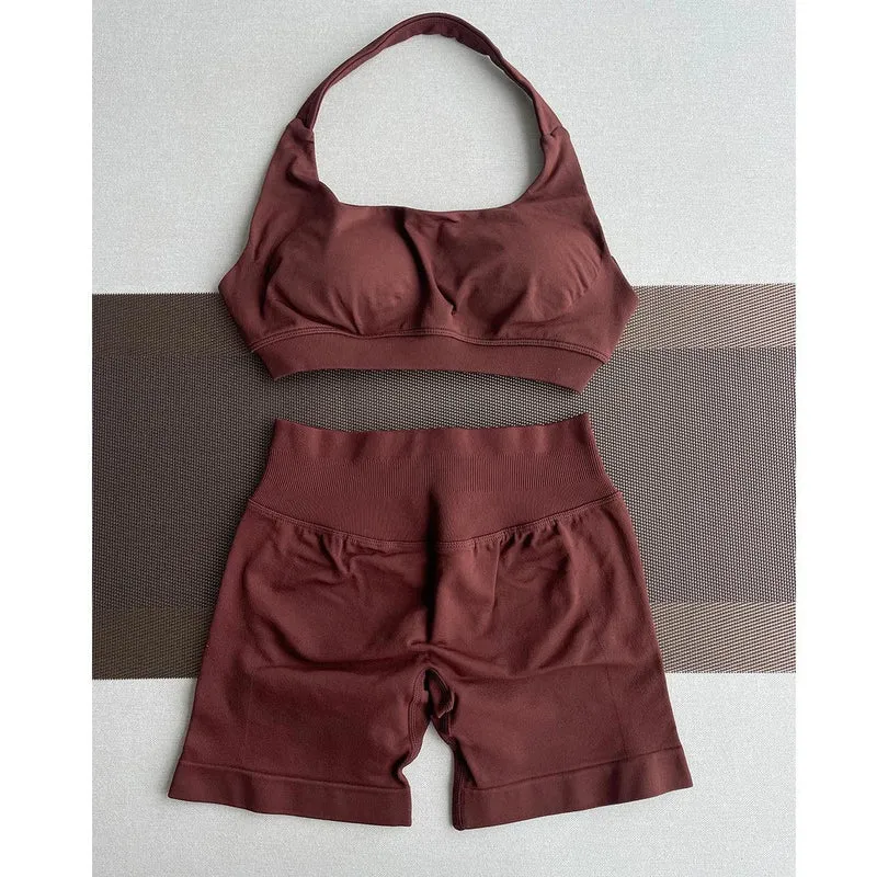 2 Pieces Yoga Gym Set Women Seamless Strappy Yoga Bra High Waist Workout Scrunch Shorts Sports Set Fitness Clothes Sportswear