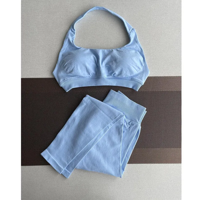 2 Pieces Yoga Gym Set Women Seamless Strappy Yoga Bra High Waist Workout Scrunch Shorts Sports Set Fitness Clothes Sportswear