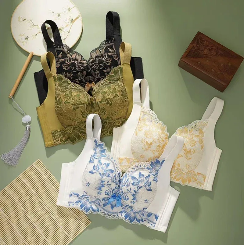 Blue and White Porcelain Adjustable Women's Underwear Comfortable Skin-friendly Breathable Gathered Bra New Thin Cup