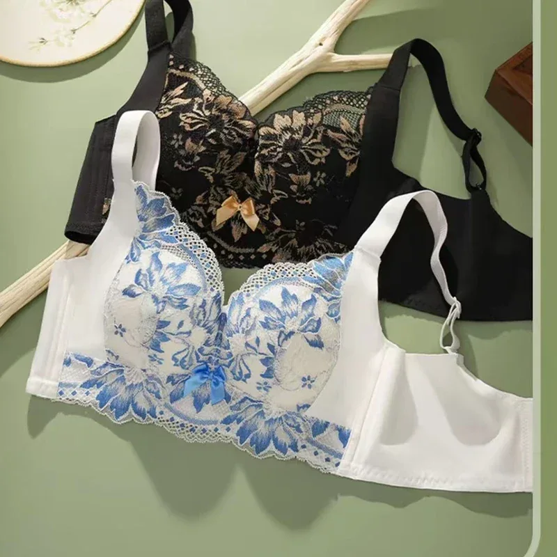 Blue and White Porcelain Adjustable Women's Underwear Comfortable Skin-friendly Breathable Gathered Bra New Thin Cup