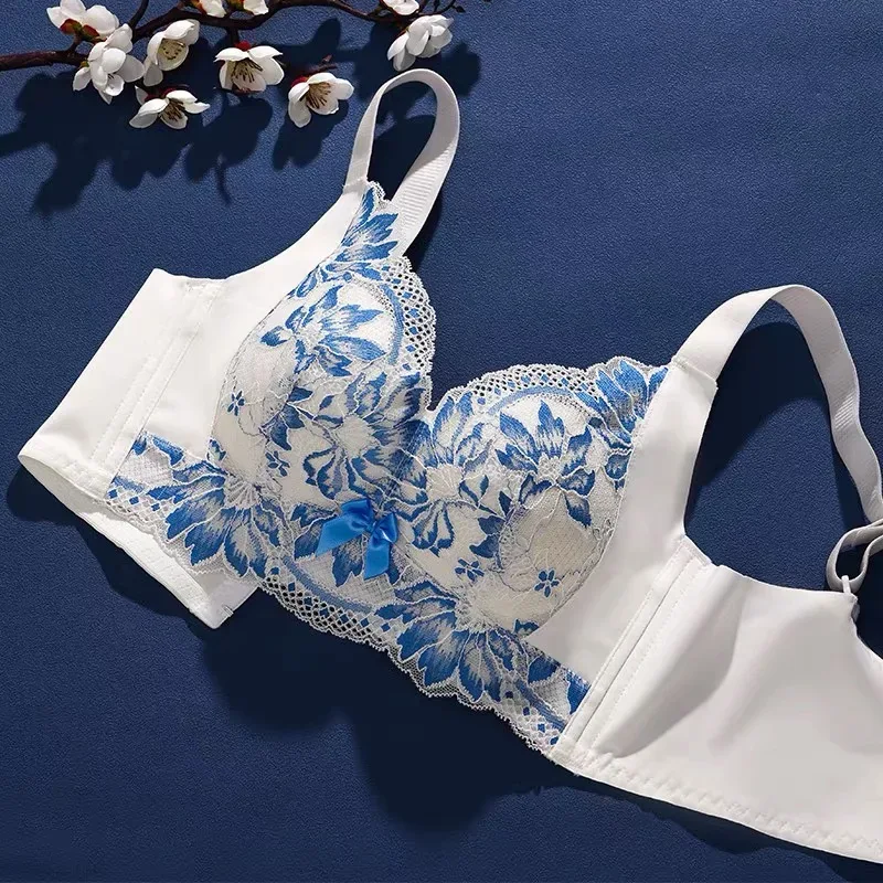 Blue and White Porcelain Adjustable Women's Underwear Comfortable Skin-friendly Breathable Gathered Bra New Thin Cup