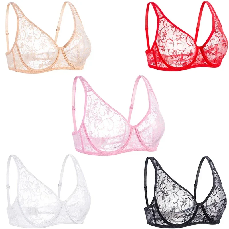 Bras For Women Plus Size Lace Mesh BH Tops Underwire Embroidery See Through Sexy Underwear Lingerie Brassiere A B C D DD Cup