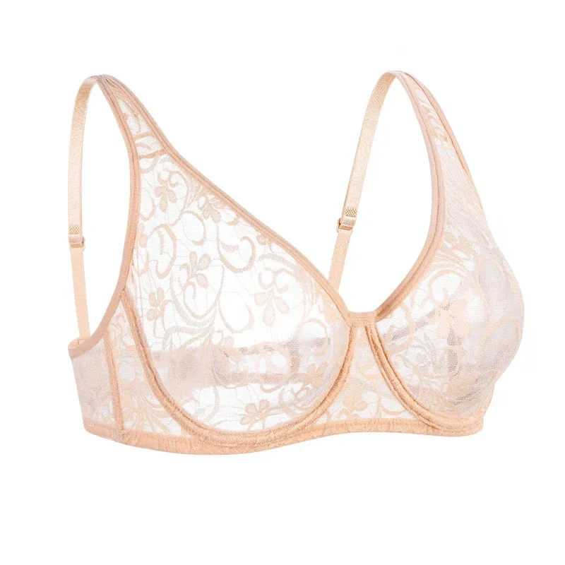 Bras For Women Plus Size Lace Mesh BH Tops Underwire Embroidery See Through Sexy Underwear Lingerie Brassiere A B C D DD Cup