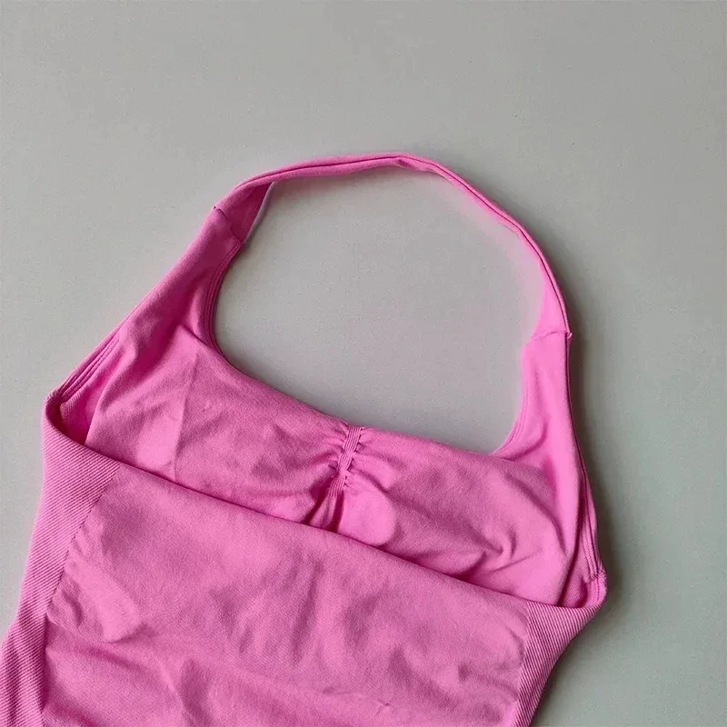 Seamless Halter Neck Yoga Tank Tops for Women Built-in Bra Padded Gym Top Sleeveless Shirt Fitted Backless Workout Clothes
