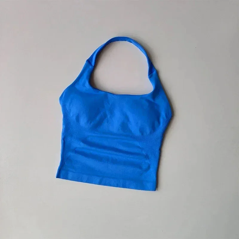 Seamless Halter Neck Yoga Tank Tops for Women Built-in Bra Padded Gym Top Sleeveless Shirt Fitted Backless Workout Clothes