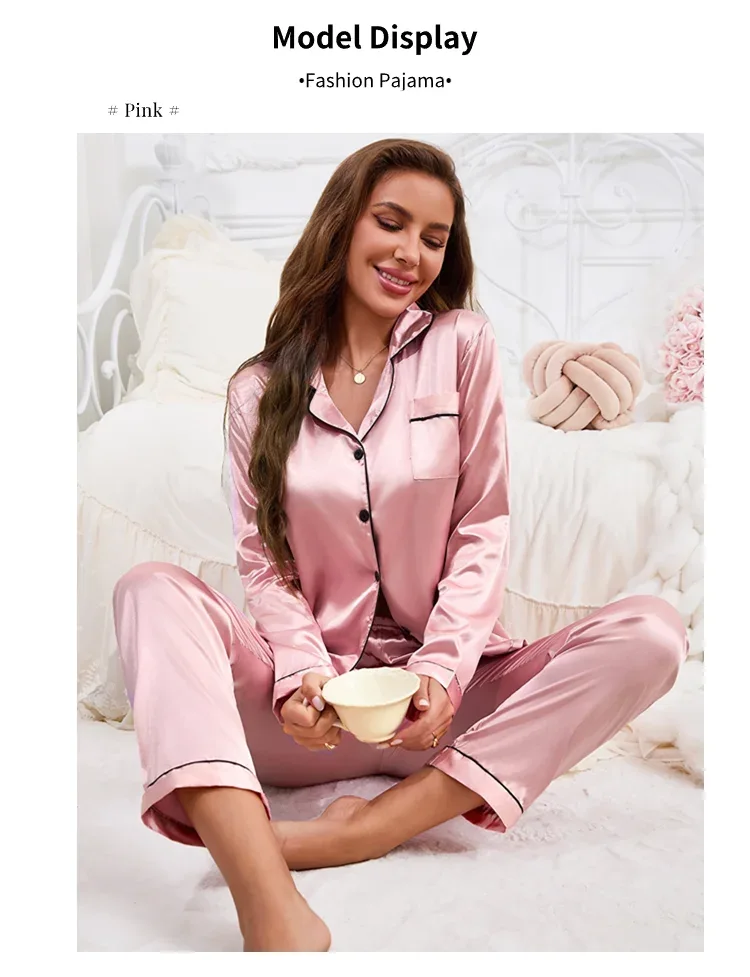 Women's Pajama Set Sleepwear Suit Loungewear Pj Set Satin Long Sleeve Tops With Pants 2 Pieces Pjs Pajamas for Women Pyjama